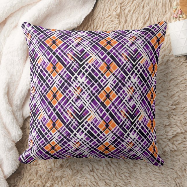 Geometrisk Halloween Plaid - Lila, Orange, Vit Kudde (Filt)