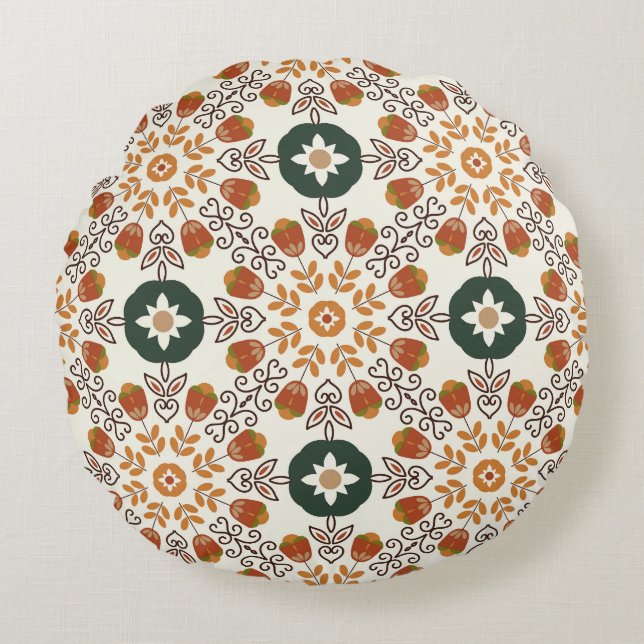 Geometrisk höstBlommigt, Vintage sömlös. Rund Kudde (Framsidan)