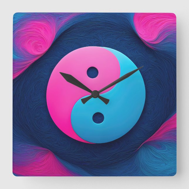Geometrisk jämvikt: Vibrant Yin Yang Mönster Fyrkantig Klocka (Framsida)