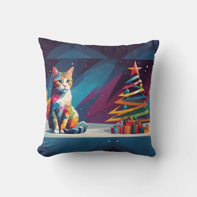 Geometrisk katt julkudde kudde (“Add a pop of color and holiday cheer with this geometric cat pillow!”)