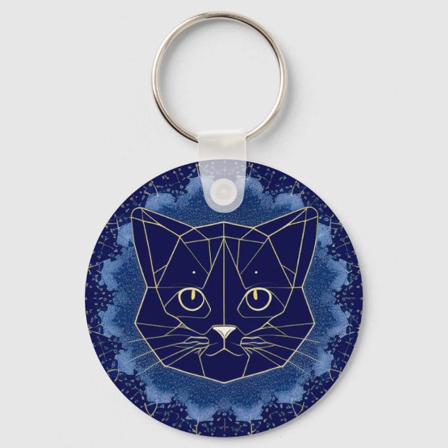 Geometrisk kattdesign omgiven av gyllene stjärnor nyckelring (Framsida)