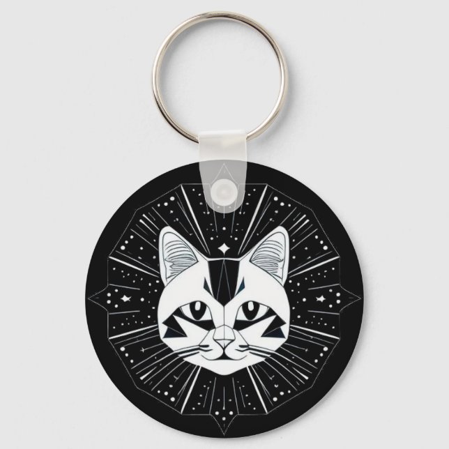 Geometrisk kattdesign omgiven av gyllene stjärnor nyckelring (Framsida)