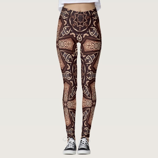 Geometrisk konsmönster, bruna balkar leggings (Framsida)