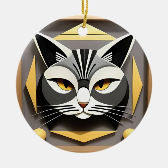 Geometrisk konst av en stiliserad katt abstrakt de julgransprydnad keramik (Framsidan)