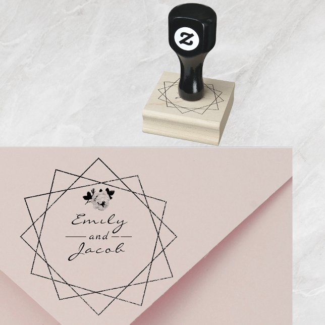 Geometrisk konst för bröllop par Namn Blommigt Stämpel (Wedding Couple Names Floral Geometric Art Rubber Stamp)
