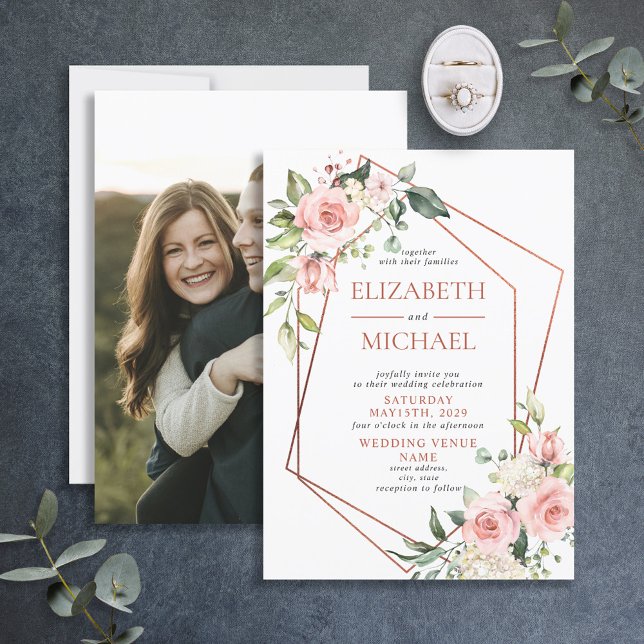 Geometrisk kopparpersika Rosa Blommigt Bröllop Inbjudningar (Skapare uppladdad)