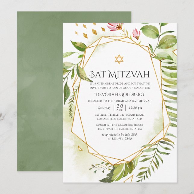 Geometrisk kristallgrönska Bat Mitzvah Inbjudningar (Fram/baksida)