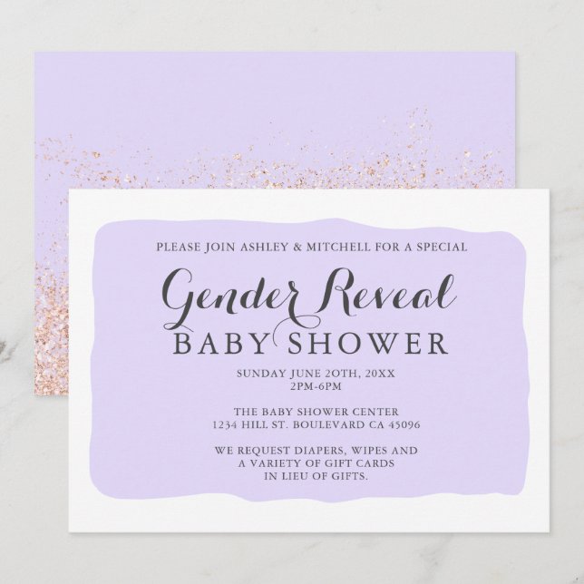 Geometrisk lavender ro glitter gender visar baby inbjudningar (Fram/baksida)