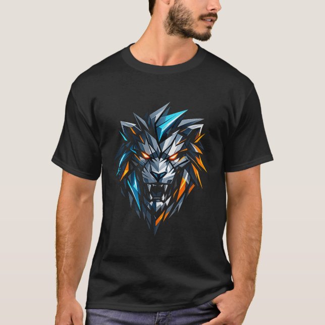 Geometrisk Lejonhuvud - Cyberpunk Spel T-Shirt  (Framsida)