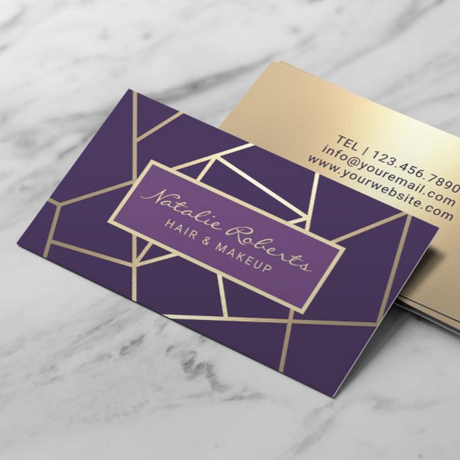 Geometrisk Lila & Guld Hair Stylist Beauty Salon Visitkort (Skapare uppladdad)