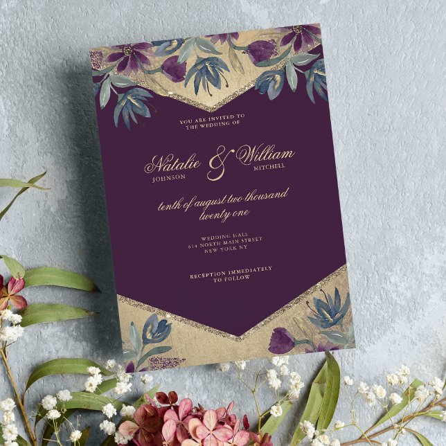 Geometrisk lila guld vattenfärgsfärgad blommigt br inbjudningar (Geometrical purple gold watercolor floral wedding )