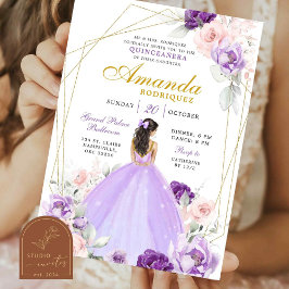Geometrisk Lila och Guld Royal Krona Quinceanera Inbjudningar