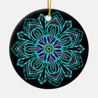 Geometrisk Mandala för livligt neon på den svart Julgransprydnad Keramik