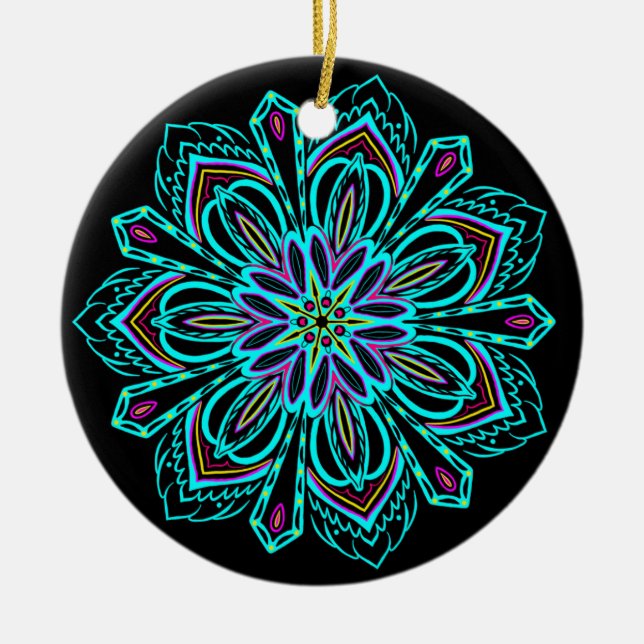 Geometrisk Mandala för livligt neon på den svart Julgransprydnad Keramik (Framsidan)