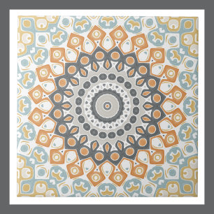 Geometrisk mandala i orange, grått och blått kakelplatta