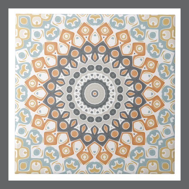 Geometrisk mandala i orange, grått och blått kakelplatta (Skapare uppladdad)