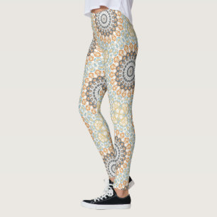Geometrisk mandala i orange, grått och blått leggings