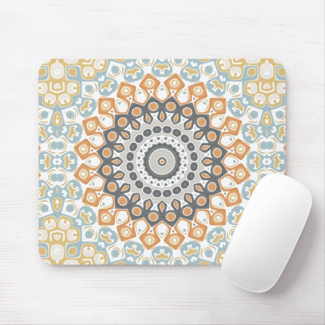 Geometrisk mandala i orange, grått och blått musmatta (Med mus)