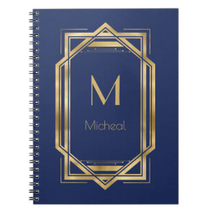 Geometrisk marin blå och Guld Monogram och Namn Anteckningsbok