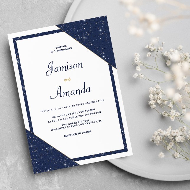 Geometrisk marin blå vit guld glitter Bröllop Inbjudningar (Geometric navy blue white gold glitter Wedding)