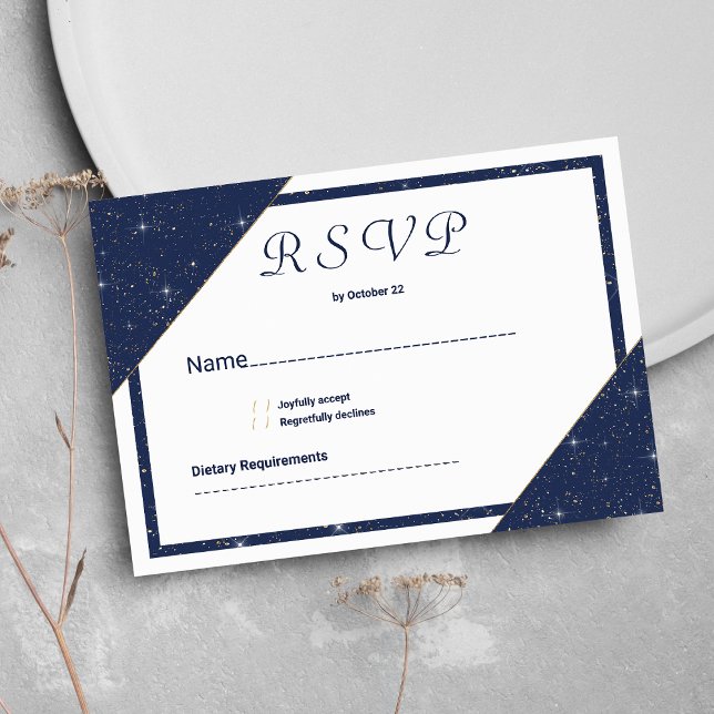 Geometrisk marin blå vit guld glitter OSA Inbjudningar (Geometric navy blue white gold glitter RSVP)