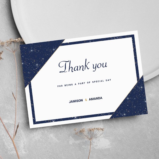 Geometrisk marin blå vit guld glitter Tack Inbjudningar (Geometric navy blue white gold glitter Thank You)