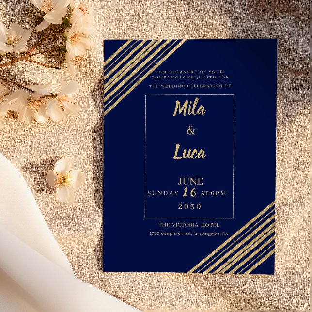 Geometrisk marinblå guld typografi Bröllop Inbjudningar (Geometrical navy blue gold typography Wedding)