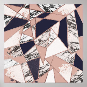 Geometrisk marinblå persikamarmor och rosa guld poster