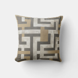 Geometrisk Maze för guld, vitt och träkol Kudde