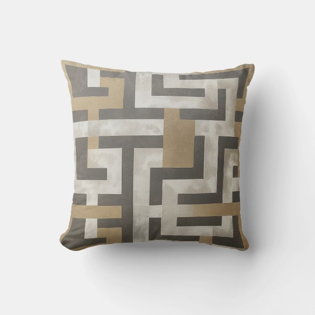 Geometrisk Maze för guld, vitt och träkol Kudde (Framsida)