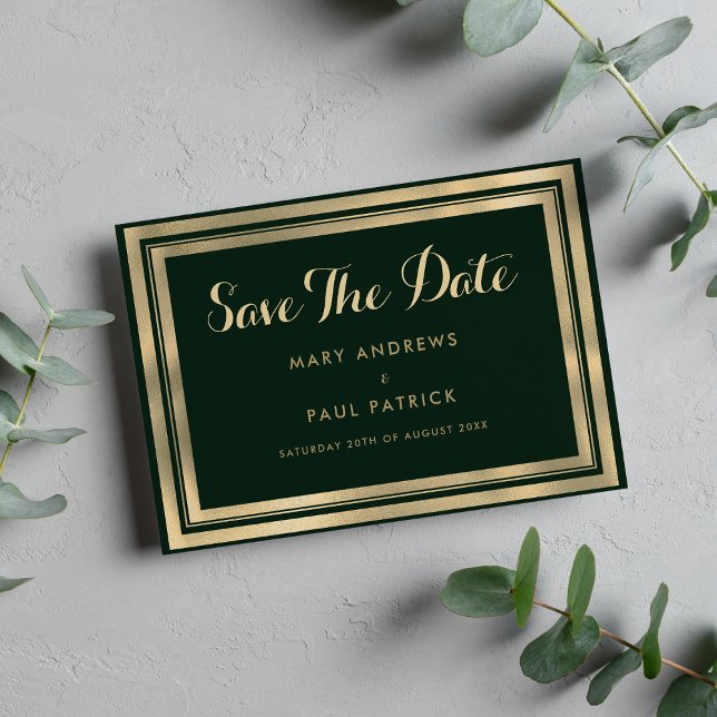 Geometrisk modern grönt för skog guld Spara datum Spara Datumet (Geometric modern forest green gold Save The Date)