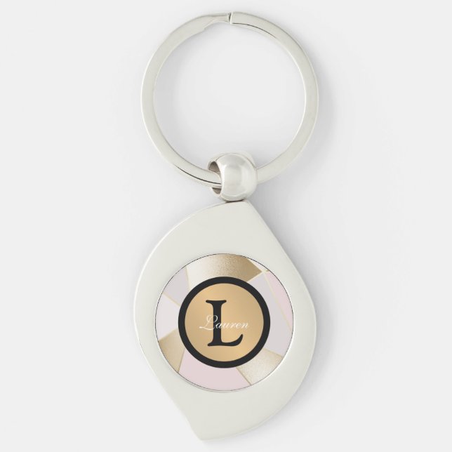 Geometrisk monogram Namn Ro Guld Swirl Silverfärgad Nyckelring (Framsidan)