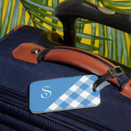 Geometrisk monogramkontroll av ljusblå blåvit buff bagagebricka