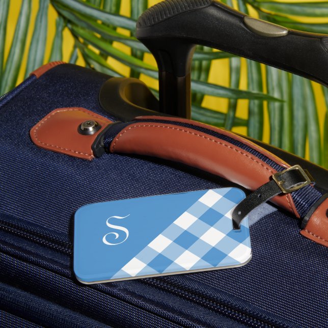 Geometrisk monogramkontroll av ljusblå blåvit buff bagagebricka (Framsida Insitu 3)