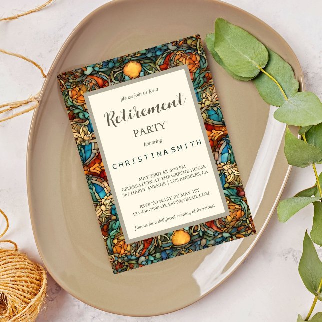 Geometrisk mosaik, fastfärgat glas Pension Party Inbjudningar (Geometric Mosaic Stained Glass Retirement Party Invitation)