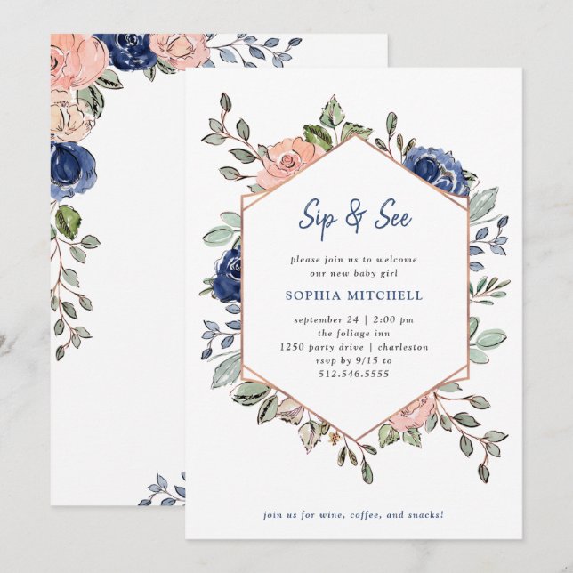 Geometrisk  och marin Blommigt | Sip och se Inbjudningar (Fram/baksida)