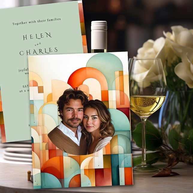 Geometrisk Orange Blåpersikoturkos Bröllop Inbjudningar (Skapare uppladdad)