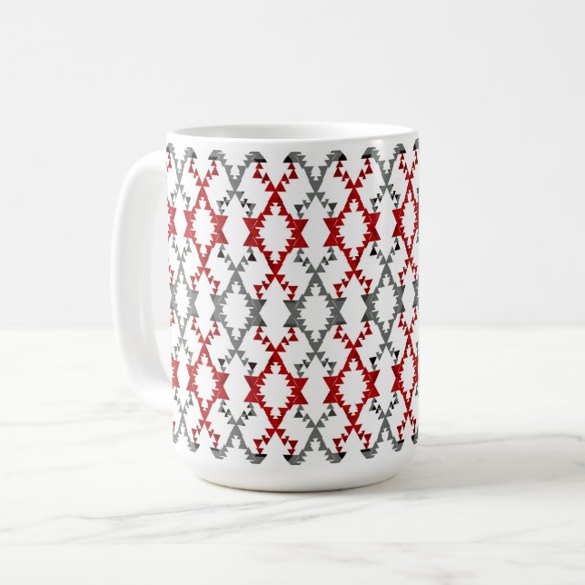 Geometrisk ornament i rött och grått i vitt. kaffemugg (Framsida vänster)