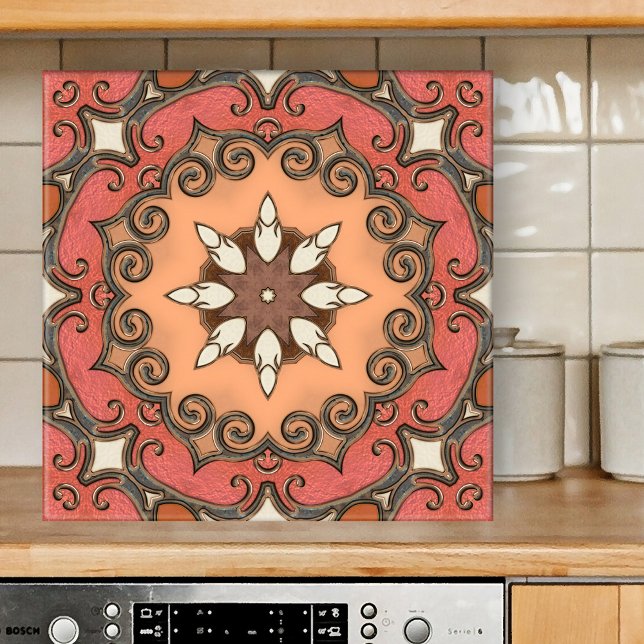 Geometrisk panel för chic Retro-Blommigt i Medelha Kakelplatta (Abstract design tile showing a geometric floral pattern inspired by Mediterranean art in terracotta)