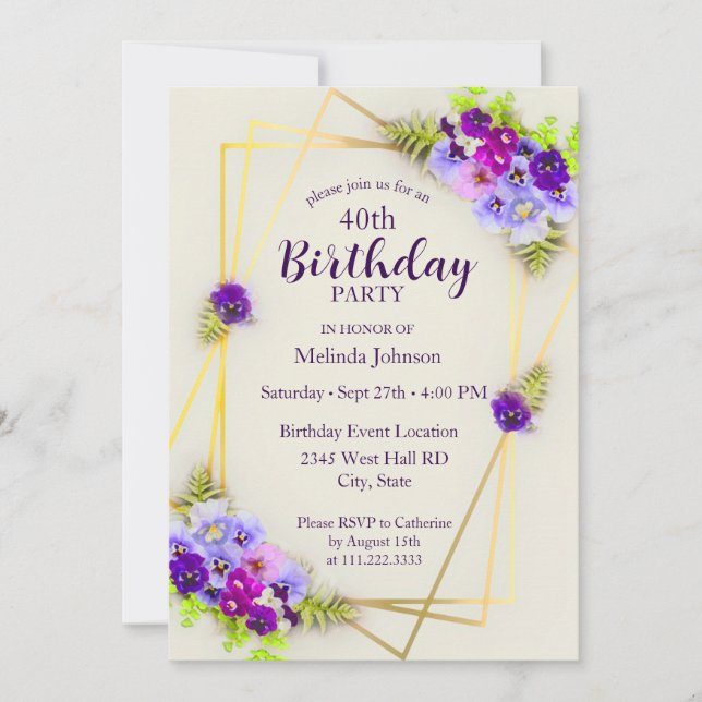 Geometrisk pensé Blommig 40-årsdag Inbjudningar (Framsida)