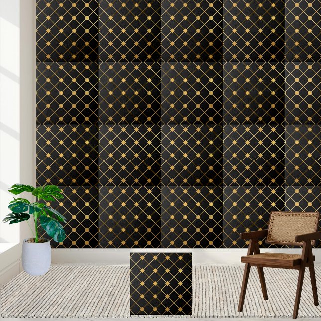 Geometrisk platta för parfymeringsblad och Guld Kakelplatta (Preppy Black and Gold Geometric Tile)