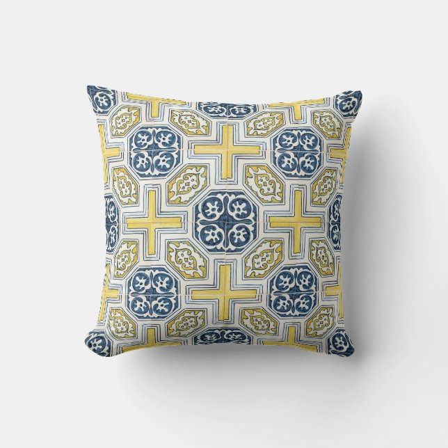 Geometrisk platta Mönster i vintage Blue Gult Kudde (Framsida)