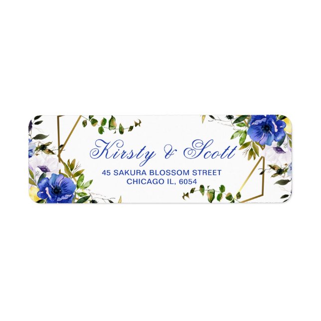 Geometrisk ram & akvarellblommig bröllop returadress etikett (Framsidan)