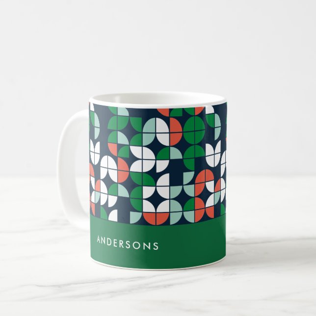 Geometrisk retroblå röd grönt modern jul kaffemugg (Framsida vänster)