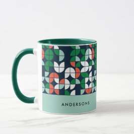 Geometrisk retroblå röd grönt modern jul mugg