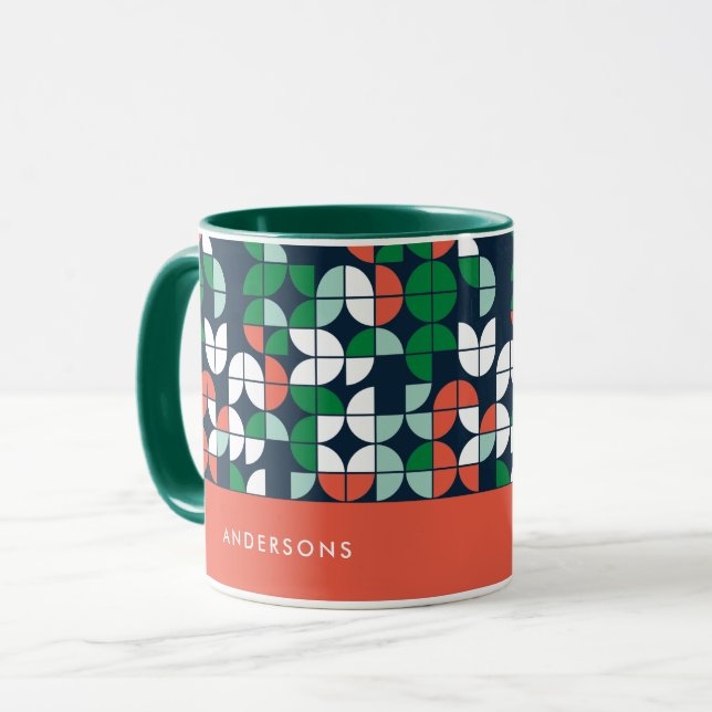 Geometrisk retroblå röd grönt modern jul mugg (Framsida vänster)