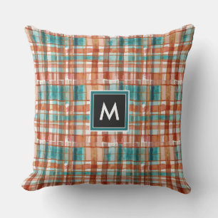 Geometrisk röd och grön Tartan Watercolor Monogram Kudde