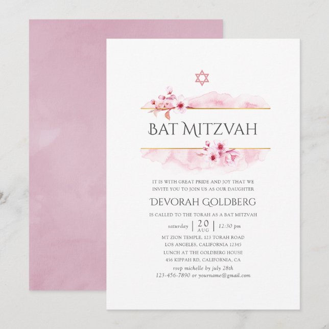 Geometrisk Rosa Blommande Fladdermus Mitzvah Inbjudningar (Fram/baksida)