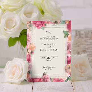 Geometrisk Rosa Blommigt Bröllop Spara Datumet