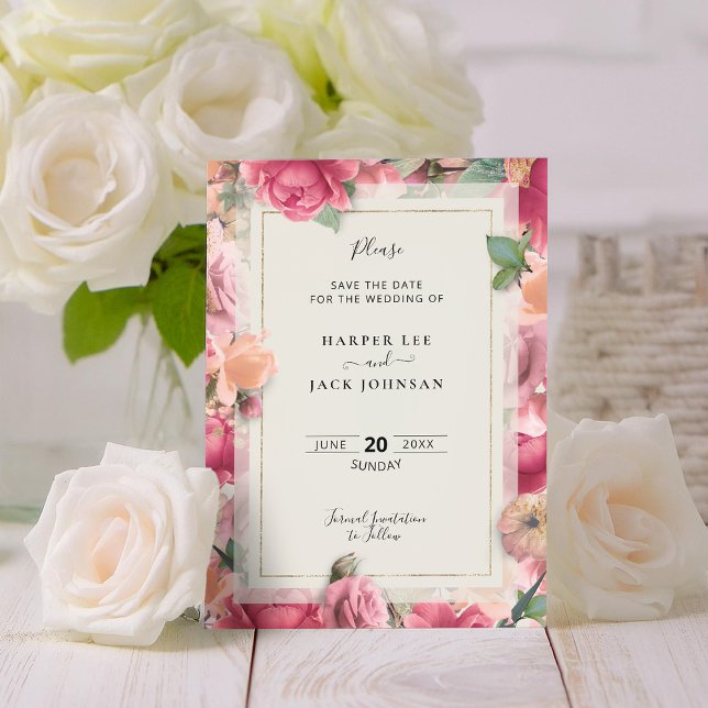 Geometrisk  Rosa Blommigt Bröllop Spara Datumet (Stylish Geometric Blush Pink Floral Rose Save The Save The Date
)